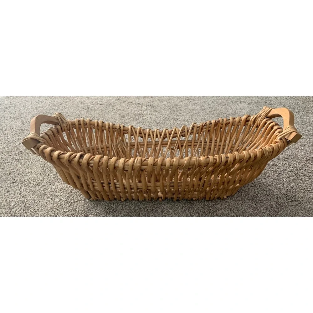 Vintage Wicker Boat Basket Wooden Handles Rustic Boho Cottagecore Home Decor